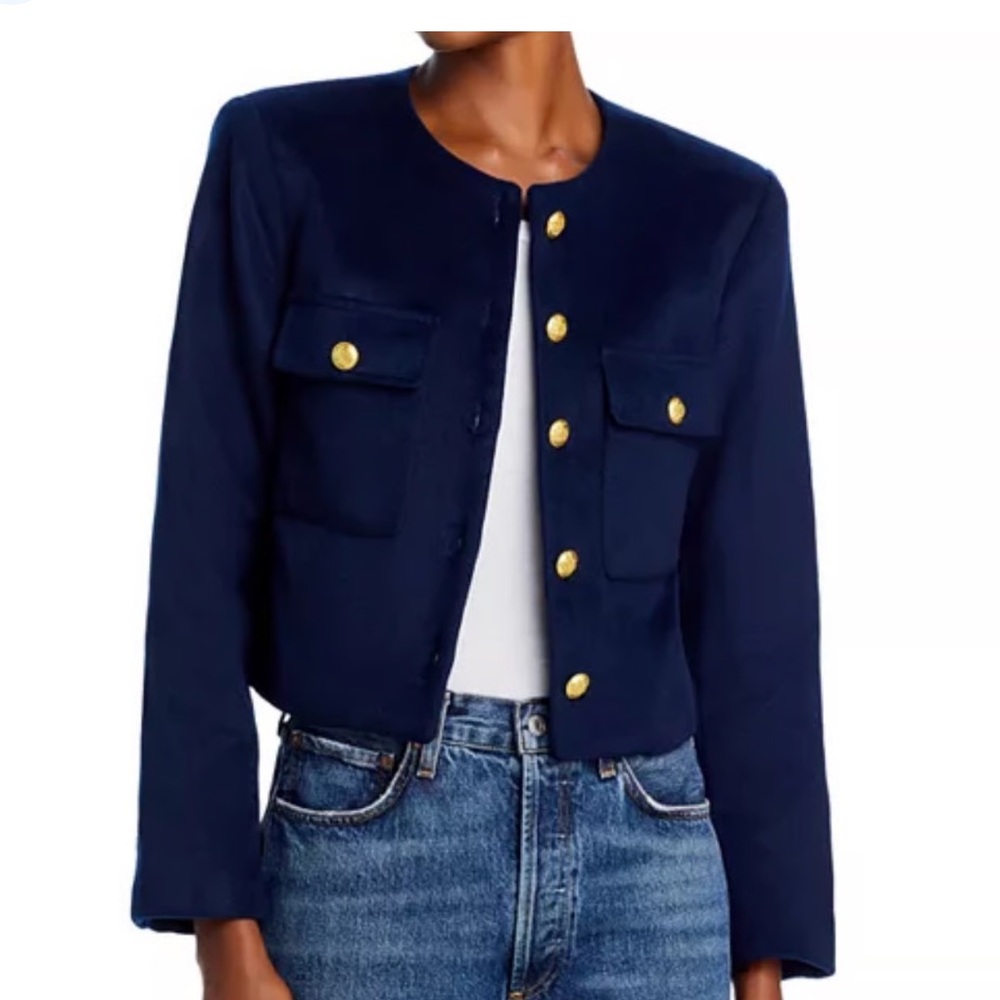 Aqua Navy Cropped Military-Style Blazer with Gold Buttons